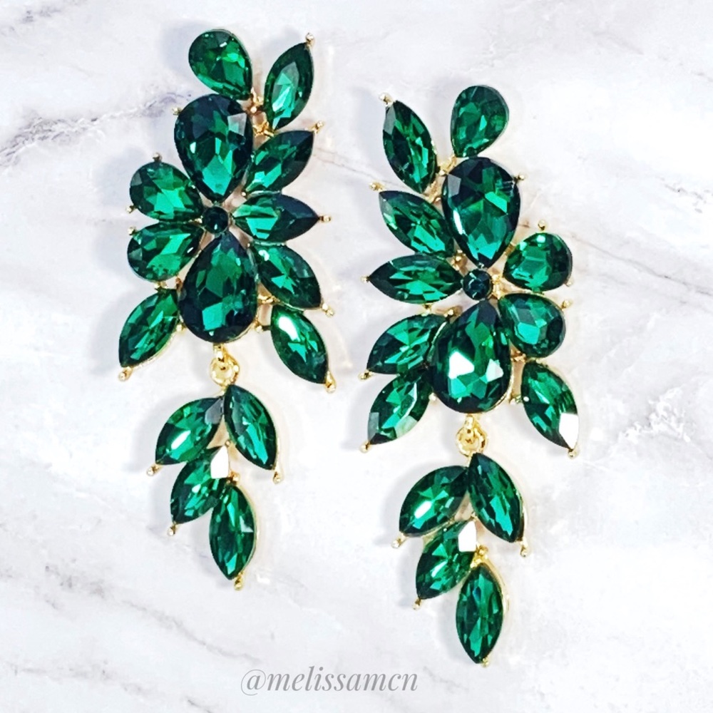 Emerald Green Cluster Crystal Chandelier Earrings  Prom Pageant Wedding